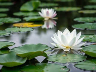 Beautiful white lotus flower with vibrant green leaf floating elegantly in serene pond, leaf, beauty