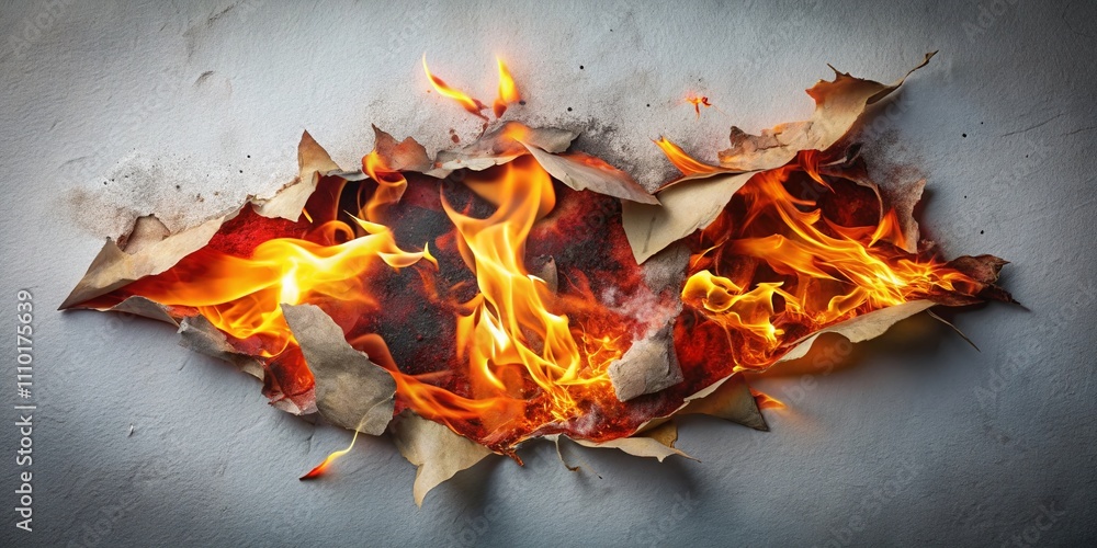 Poster aerial view of innovative burning templates with torn paper effect and fiery elements for dynamic gr