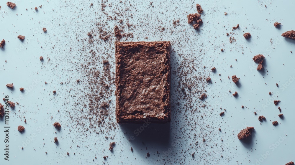 Aufkleber Chocolate brownie isolated on a pastel background with cocoa powder and crumbs creating a visually appealing dessert composition.