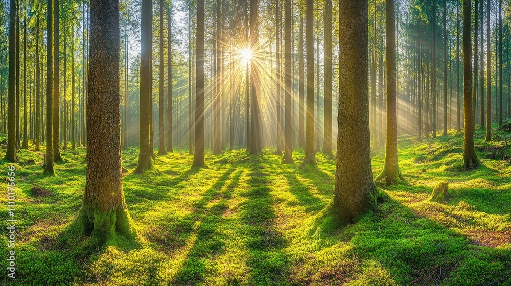 Aufkleber Serene green forest with sunlight filtering through tall trees creating a tranquil and peaceful atmosphere in nature.