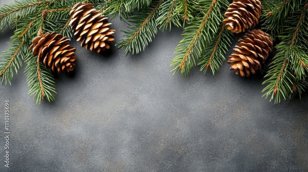Poster christmas themed flat lay of fir branches and pine cones on textured concrete background with ample 