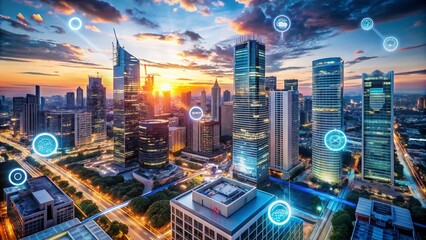 Aerial View of Innovative Business Technology Integrating Natural Language Processing and Robotic AI for Enhanced Intelligence Solutions in Modern Enterprises