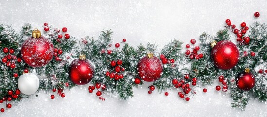 Festive Christmas decoration with red ornaments and greenery on a snowy white backdrop creating a winter holiday theme overhead view