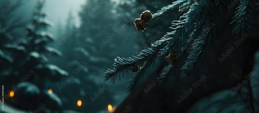 Poster blue spruce branches with pine cones against a dark atmospheric backdrop highlighting the tranquilit