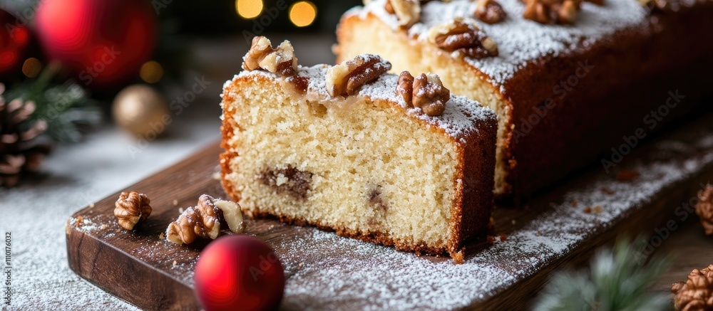 Poster christmas banana cake sliced and topped with walnuts and icing sugar on a wooden board with festive 