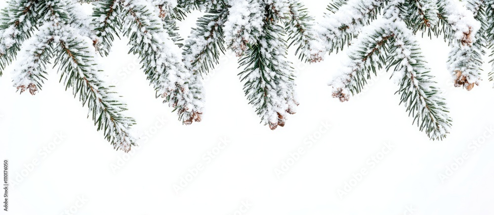 Poster snowy fir tree branches creating a festive atmosphere with a white background and ample copy space f