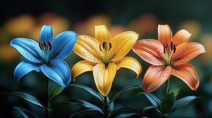 Obraz premium Vibrant trio of blue, yellow, and orange lilies blooming together