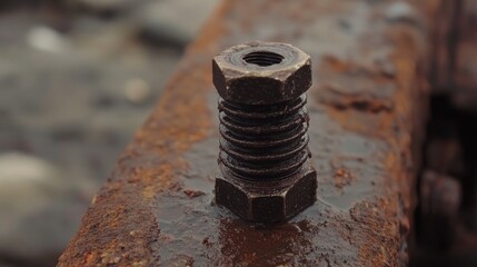 Rusty metal bolt and nut resting on a corroded surface with blurred background showcasing industrial themes and weathered textures.