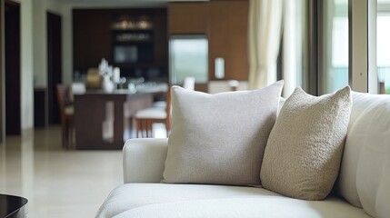 Cozy decorative pillows on a modern sofa in a stylish living room interior design featuring open space and contemporary furnishings