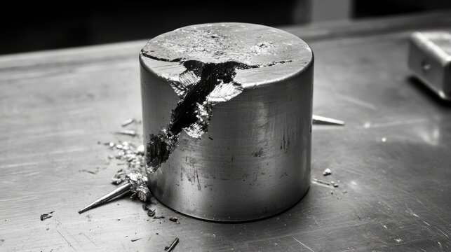 Cracked cast aluminum compressor piston showcasing casting defects with detailed fracture surfaces and microstructure analysis.