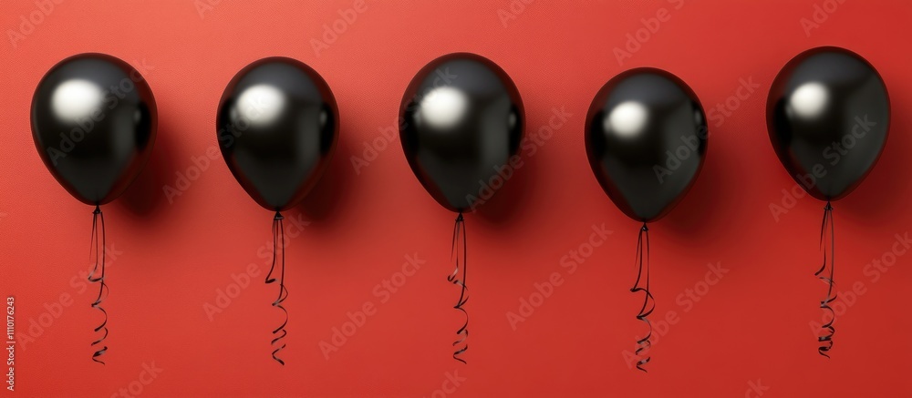 Poster Black balloons arranged on a vibrant red background creating a festive atmosphere ideal for parties and celebrations with ample copy space
