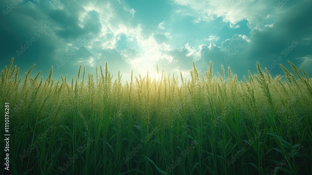 Aufkleber lush corn field under a dramatic cloudy sky with sunlight filtering through the clouds creating a se