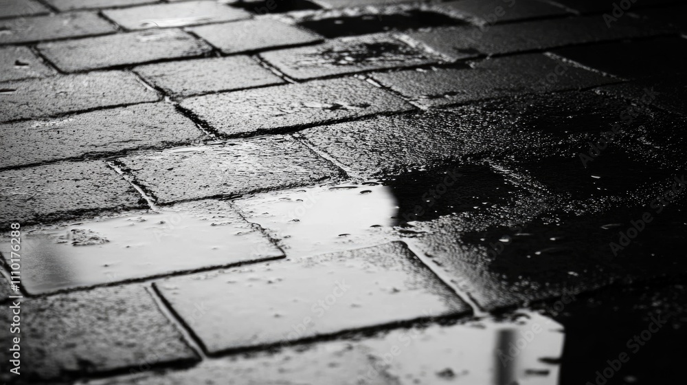 Aufkleber Wet cement surface with puddles reflecting light creating textured patterns on the pavement in monochrome tones.