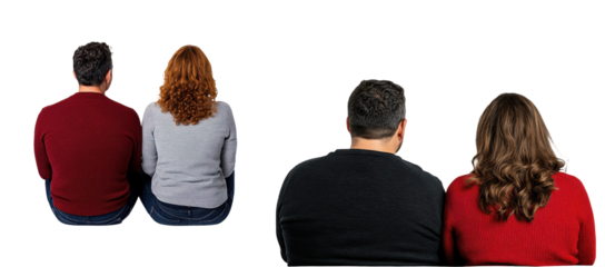 Back view of couple wearing casual sweaters isolated on transparent background
