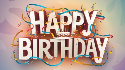 Fototapeta premium Happy Birthday! Festive 3D Text with Cake and Confetti for Celebration Cards
