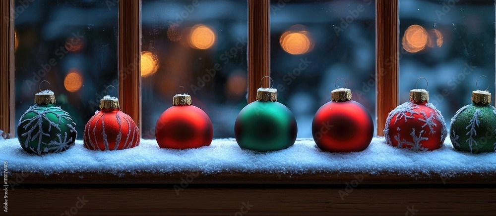 Aufkleber christmas ornaments in red and green colors arranged on a snowy windowsill with a frosty window back