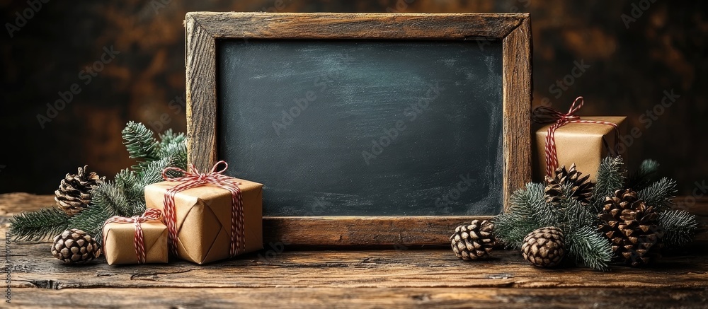 Poster christmas and new year presents with pinecones on a rustic wooden table beside an empty chalkboard f