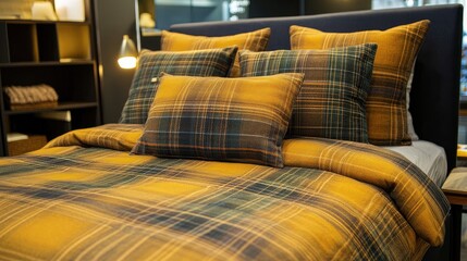 Cozy bedroom featuring a stylish bed adorned with plaid bedding and plush pillows in an elegant setting