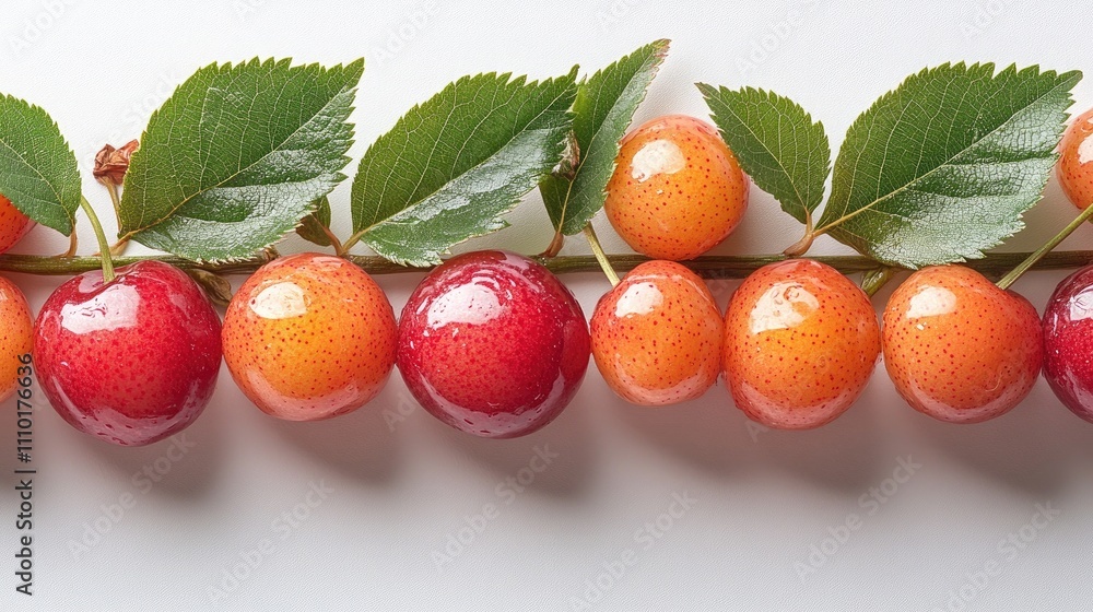 Aufkleber Vibrant display of sour cherries with leaves arranged on a white background showcasing rich colors and complete depth of field.