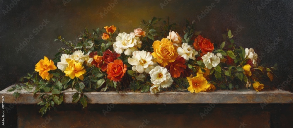 Poster vibrant floral arrangement of assorted roses and carnations displaying a rich color palette and lush