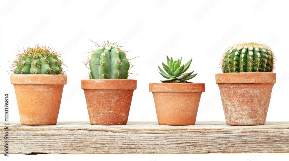 Poster cactus pot collection displayed on a wooden shelf with a bright white background showcasing various 