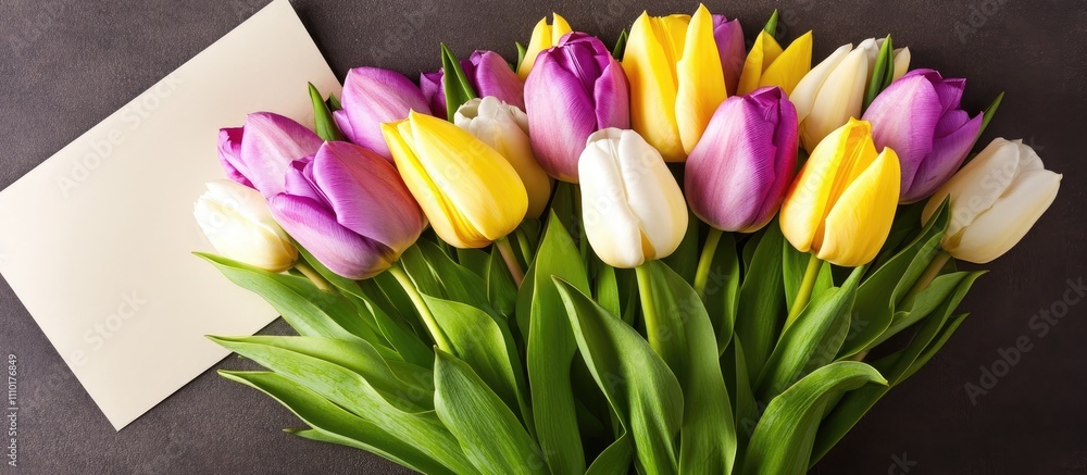 Aufkleber vibrant bouquet of colorful tulips with a blank card for personal messages on a dark background