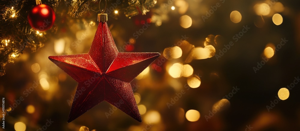 Poster christmas star lantern glowing amid festive lights creating a warm holiday atmosphere in a blurred b