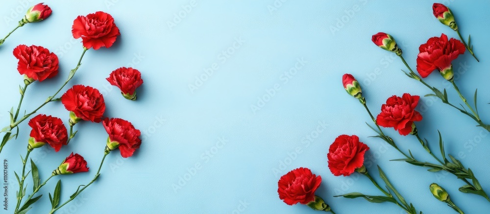 Poster carnation flowers arranged on a blue background with ample copy space for greeting cards or floral d