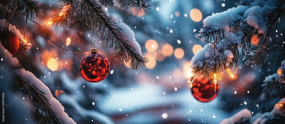 Poster snow-covered fir tree branches decorated with vibrant ornaments and lanterns, creating a magical fes