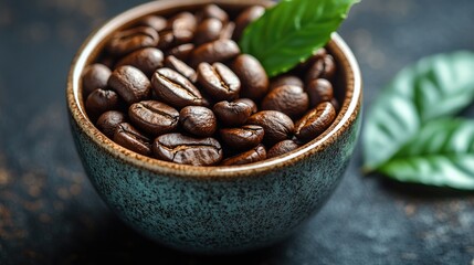 Fototapeta premium Freshly roasted coffee beans in a textured bowl with green leaves highlighting the natural beauty of coffee on a dark background