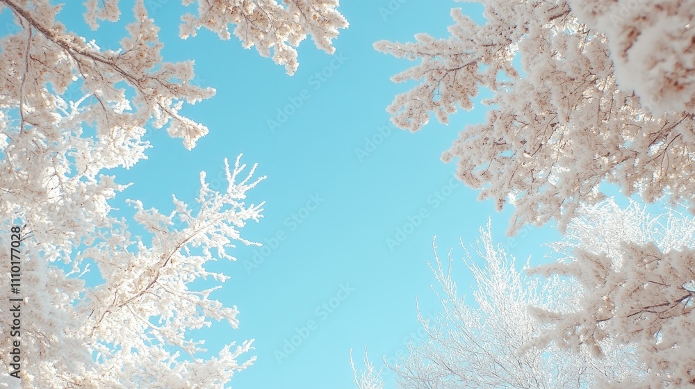 Poster framed view of a bright blue winter sky with frosted trees creating a serene and tranquil winter lan