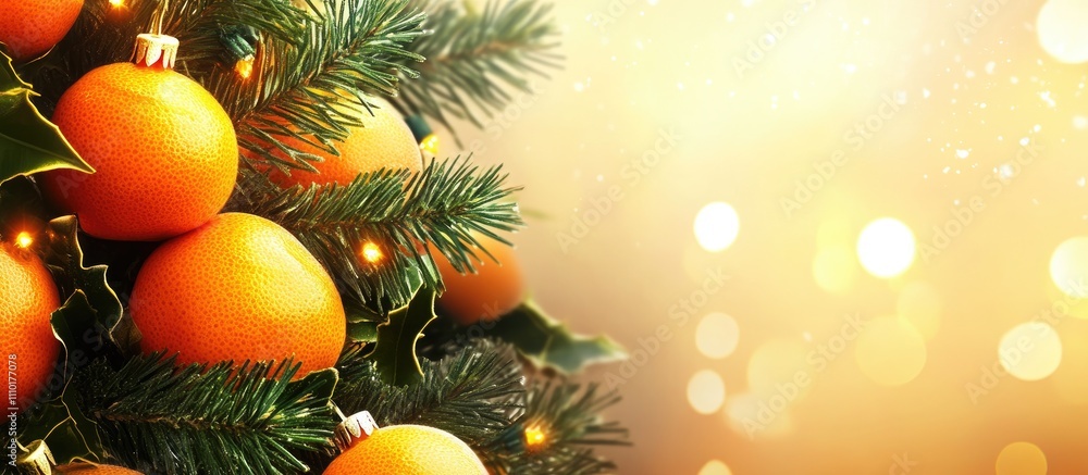 Aufkleber christmas background with tangerines and festive decorations on a pine tree with warm bokeh lights a