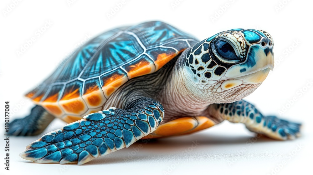 Poster stunning sea turtle exhibiting vibrant colors against a clean white backdrop highlighting its unique