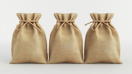 Burlap sacks with drawstring closures arranged neatly on a white background ideal for packaging mockup presentations.