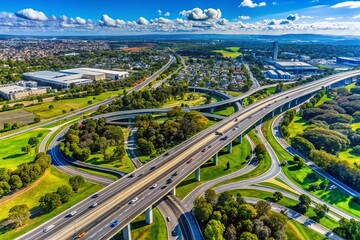 Aerial View of Monash Freeway and Wellington Road Interchange in Mulgrave Suburb, Showcasing Urban Development and Traffic Flow in a Panoramic Landscape