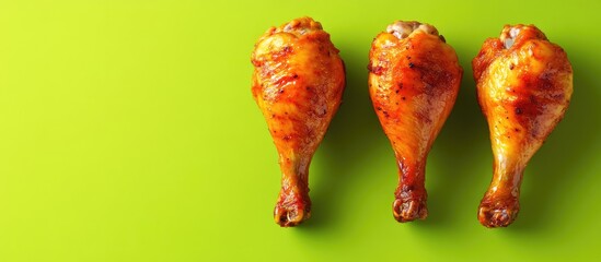 Crispy fried chicken drumsticks arranged on a vibrant green background showcasing fast food delicacy with isolation and no shadow