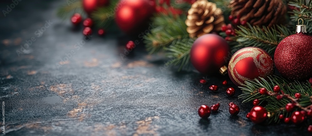 Poster festive christmas decorations on a rustic wooden table with greenery and red ornaments creating a wa