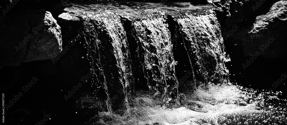 Poster Serene black and white waterfall cascading over rocks with flowing water creating a tranquil natural setting for relaxation and reflection