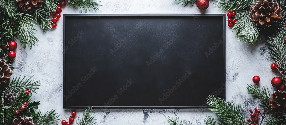 Poster christmas decoration frame with blank space for text surrounded by pine branches, red berries, and p