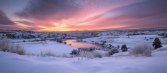 Cappadocia Valley covered in snow during a breathtaking sunset with vibrant colors reflecting on a serene river landscape.