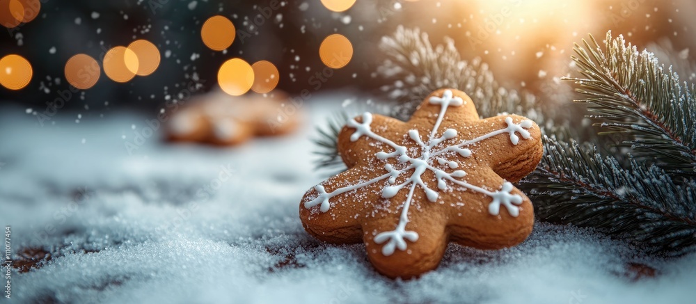 Poster close up of gingerbread cookie with snow covered fir branches in a serene winter landscape with soft