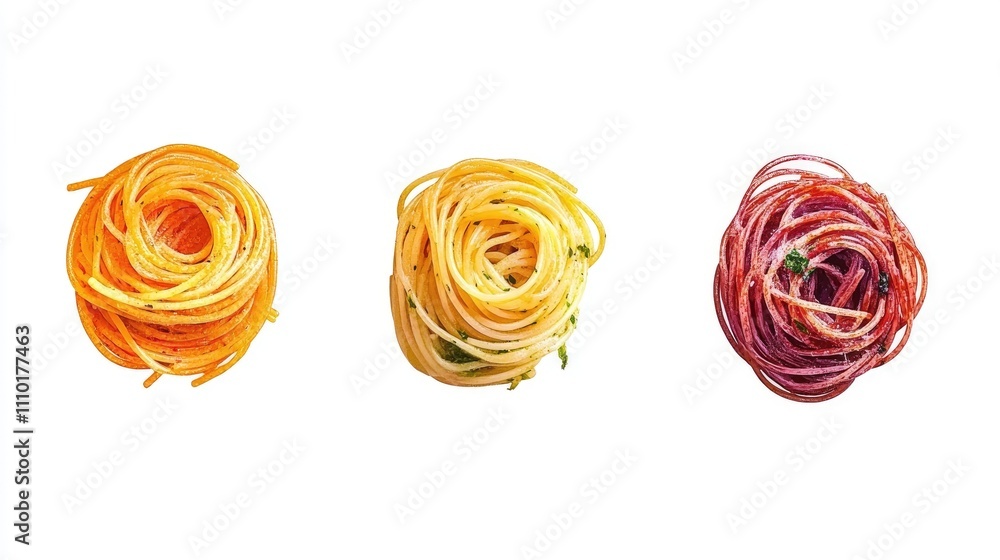 Poster assorted spaghetti varieties isolated on a white background showcasing different colors and textures