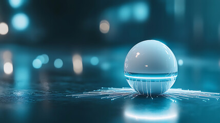 glowing sphere with minimalist design emits light, creating futuristic ambiance. sleek surface reflects soft blue tones, enhancing modern aesthetic