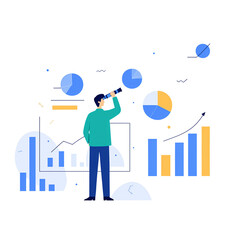 Business growth and investment concept: Businessman climbing a rising arrow with a telescope, forecasting future success