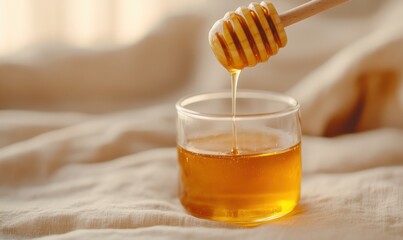 Honey dripping from the wooden honey stick into a glass jar, soft light and shadow on a beige cloth background