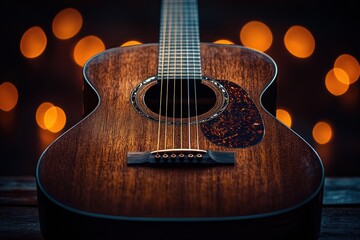 Fototapeta premium Close-up of a dark-brown acoustic guitar resting on a wooden surface against a bokeh background of warm-toned lights.