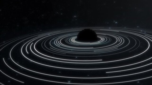 Abstract black and white space scene with a planet and animated indicated rings against a twinkling starfield background, concepts, ideas, 4k