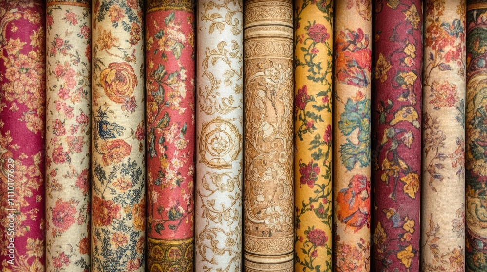 Poster vintage wallpaper rolls in various intricate patterns displayed as a colorful background closeup for