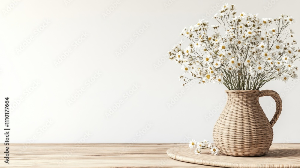 Poster elegant bouquet of white flowers in a woven vase on wooden table with minimalistic scandinavian back