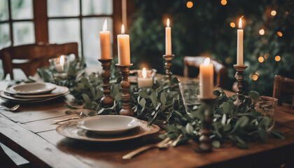 A scene with a wooden dining table set with antique candlesticks and contemporary dinnerware, framed by a lush garland of eucalyptus.